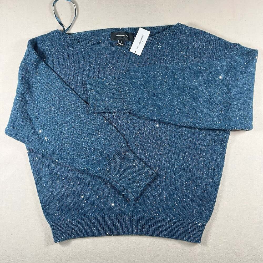Banana Republic Sweater Womens XL Blue Sequin Boat Neck Dolman Knit Pullover NWT